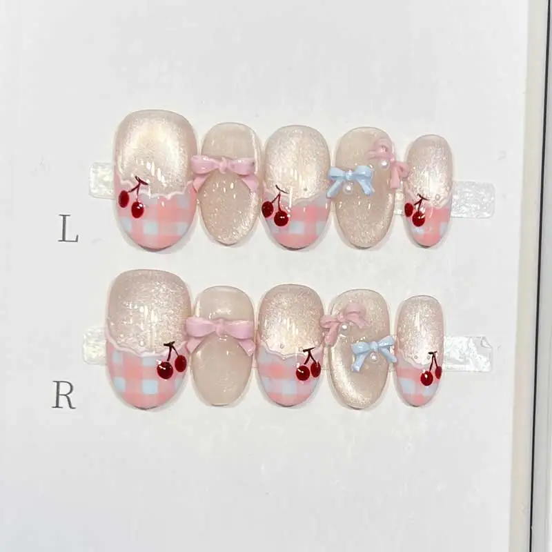 10Pcs/Bag Pink Sweet French Oval Handmade Press On Nails Grid Polka Dot Princess Cute Bow Love Cherry Fake Nails Decor Nail Art