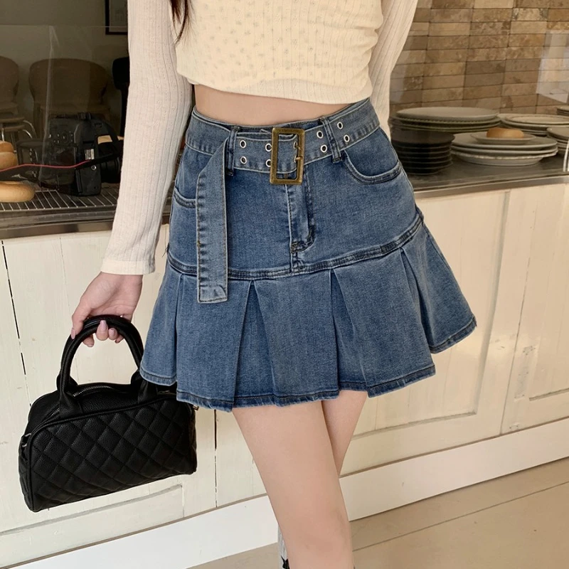 

American Vintage Pleated Denim Skirts Women Solid Color High-waisted A-Line Belt Short Skirts High Street Fashion Skirts Female