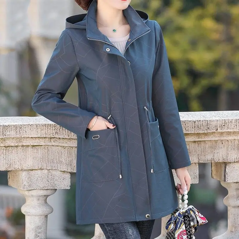 

Autumn Hooded Women Windbreaker 2023 New Female Fashion Loose Casual Print Coat Waist Slim Zipper Lightweight Simple Jacket