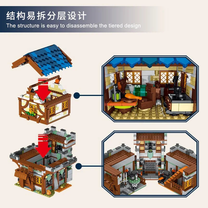 XMork UrGe 50101 Medieval Town Market Model Modular DIY Toys Building Blocks Street View Series Gift For Boys 1724Pcs