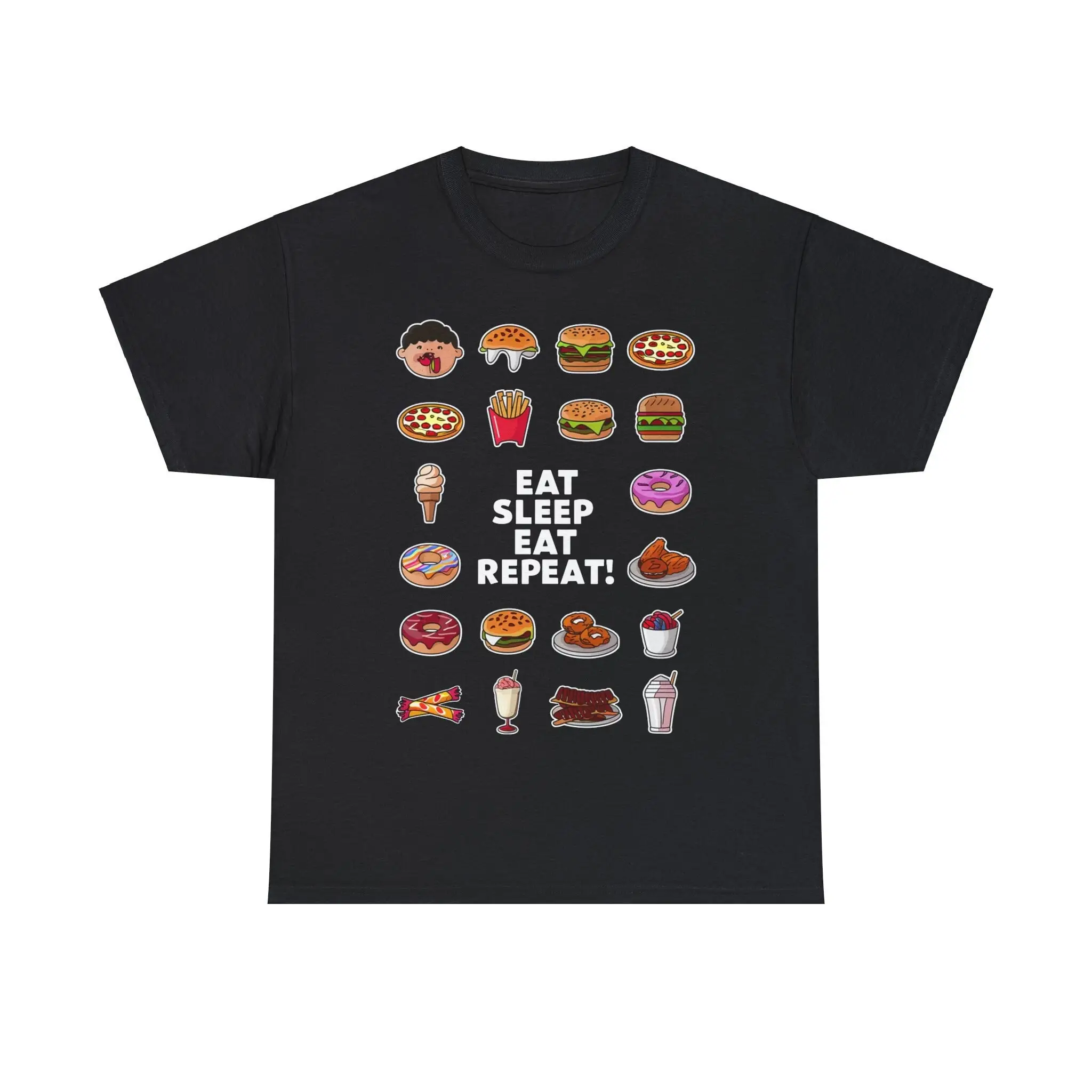 EAT SLEEP REPEAT Cheeseburger Pizza Soda Donuts Chubby Kid Funny Comical Humor Gag Heavy Cotton T Shirt