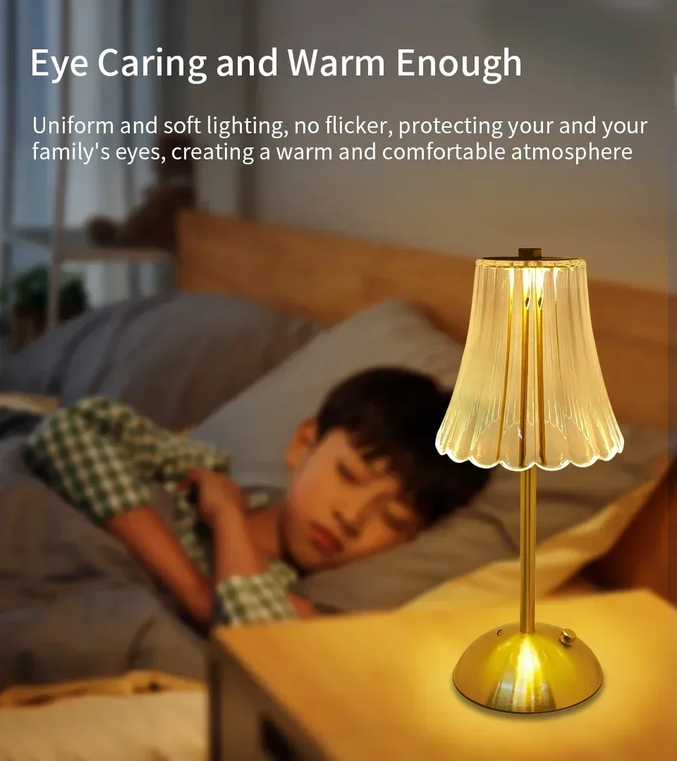 Rechargeable Touch Table Lamp 3 Colors Dimmable Artificial Crystal Lamp Portable Night Light for Bedroom Living Room Restaurant