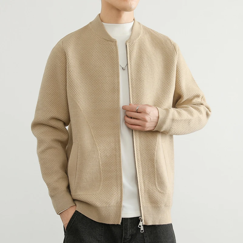 

Мужской вязаный кардиган с бейсбольным воротником, на двойной молнии, тонкий, с открытыми плечами, весна-осень, новый, повседневный, свободного кроя, из чистого хлопка