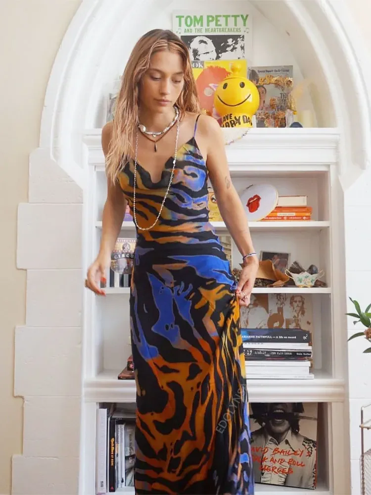 2024 Sexy Boho Printed Slip Dress Women Summer Clothes Elegant Spaghetti Straped Side Split Open Back Maxi Dress Sundress A1154