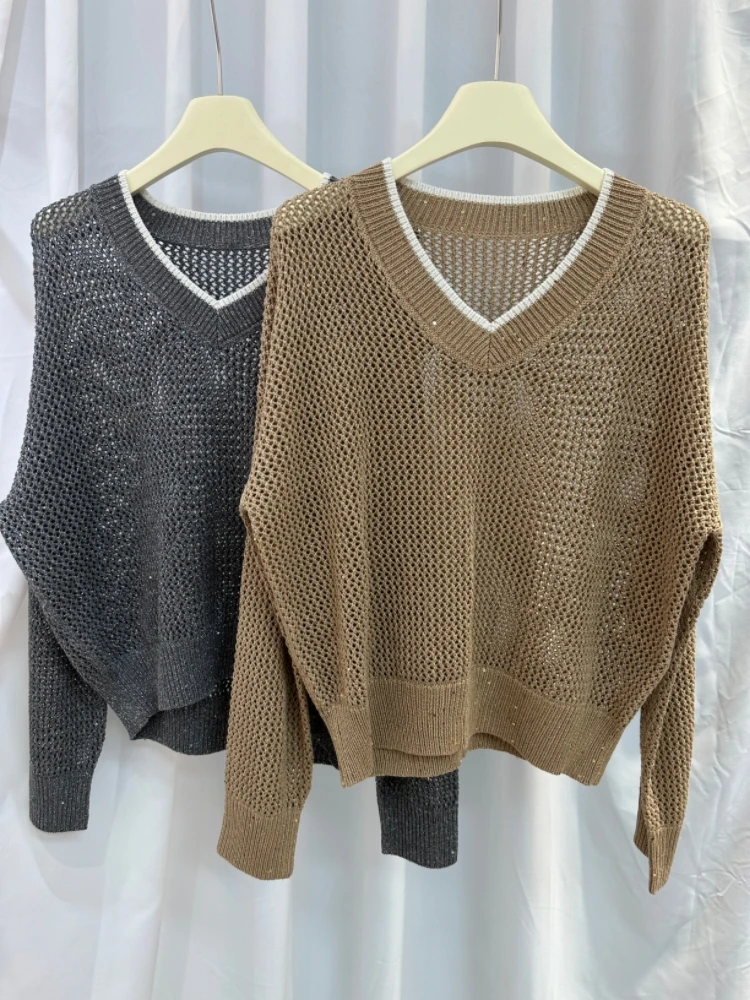 24 Spring Summer New B/C Silk Linen Cotton Hollow Mesh V-Neck Knit Sweater Loose Casual Tops Women