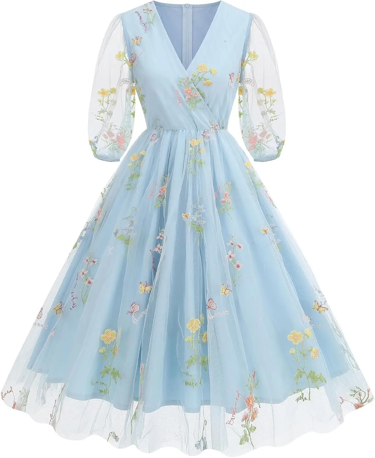 

Women Half Sleeve Flower Embroidery Tulle Prom Dress Formal Party Gown Wrap V Neck Flare A Line Wedding Guest Cocktail Dress