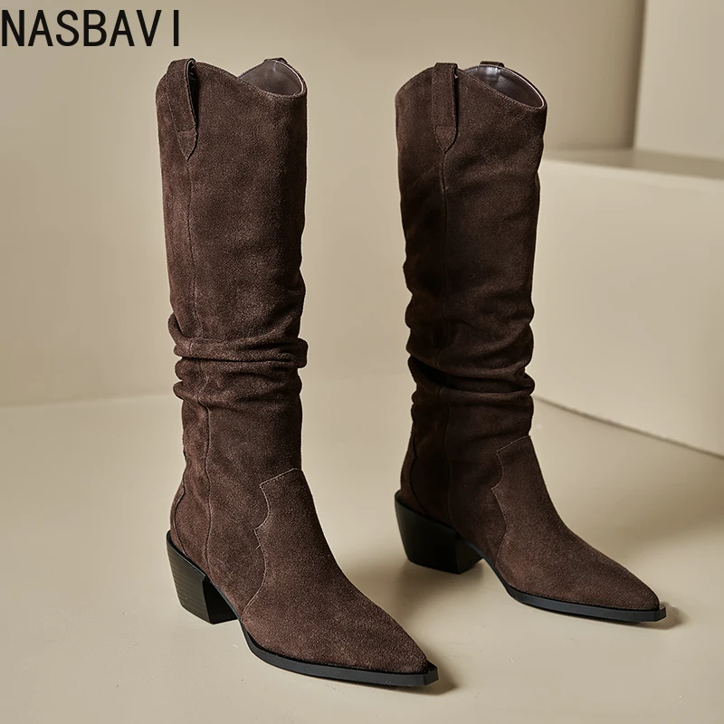 

NASBAVI Fashion News Women Knee High Boots High Heel Cow Suede Pointed Toe Long Boots Winter Woman Dress Western Shoes 34-40