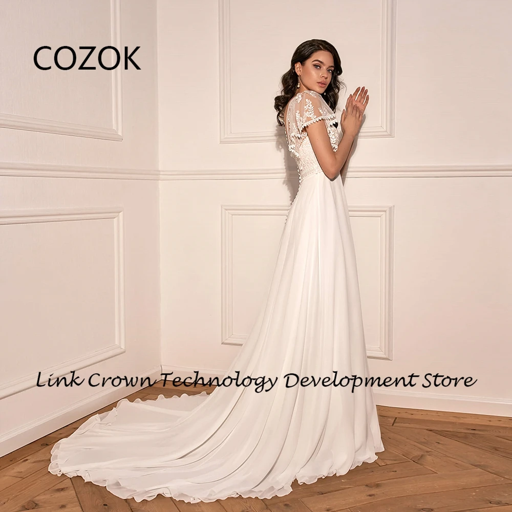 COZOK ชุดแต่งงานผ้าชีฟองเกาะอกพร้อมผ้าลูกไม้แขนสั้นสำหรับเจ้าสาว Gowns2024ฤดูร้อนชุดชายหาดกระโปรง Novia กระดุมด้านหลังใหม่