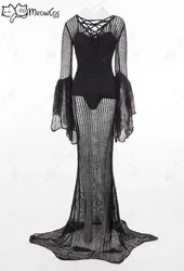 Meowcos Sexy Women Gothic Dark Mesh Knit Dress Black Lace-up Batwing Sleeves Long Dress for Halloween Devil Cosplay Costume