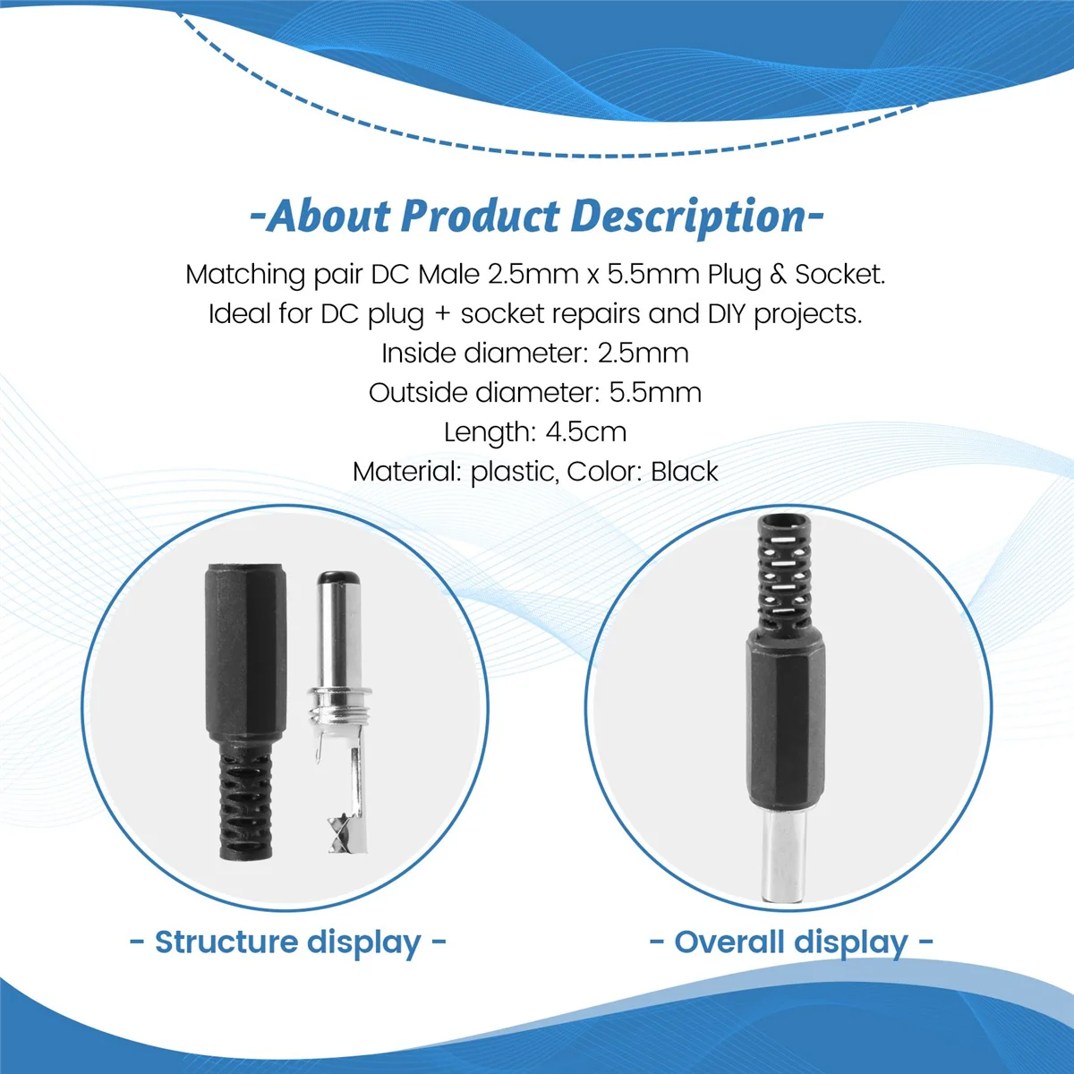 

AA08I 5 шт. 5,5 мм х 2,5 мм штекер постоянного тока разъем адаптера разъем адаптера