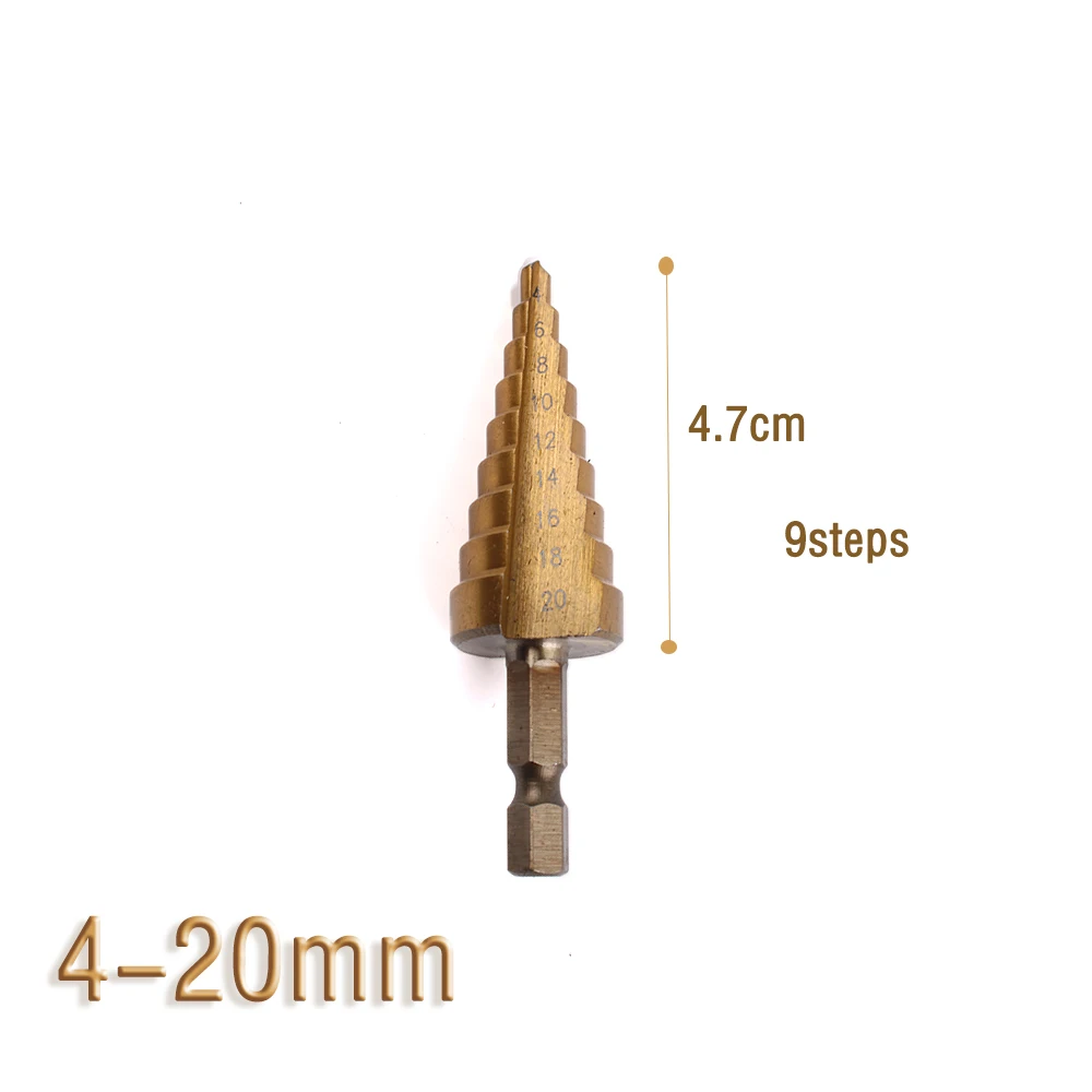 六角チタンステップコーンドリルビット穴カッター3-12 4-12 4-20 4-32ミリメートルhss 4241板金スチール木製金属ケース