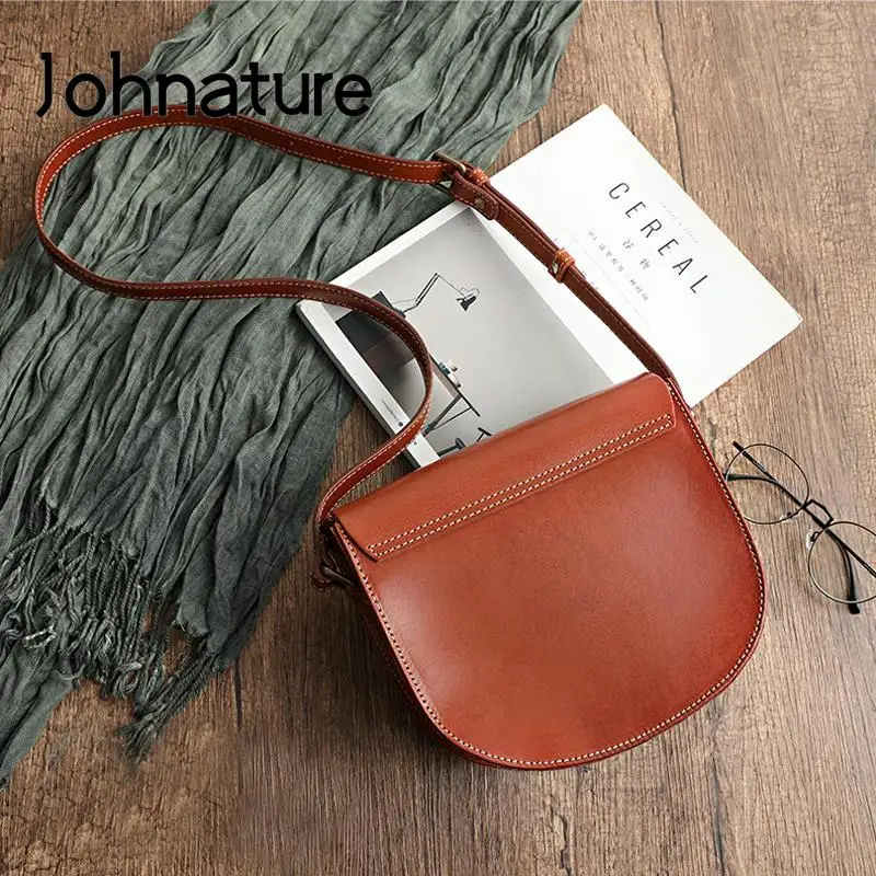 Johnature Simple Genuine Leather Women Bag 2024 New Handmade Vintage Shoulder Bags Solid Color Natural Cowhide Messenger Bag