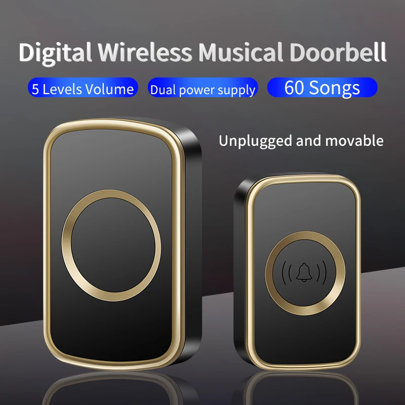 CACAZI Intelligent Wireless Door Bell Waterproof Button DC Battery Operated Door Chime Kit with 60 Melodies 5 Levels of Volume