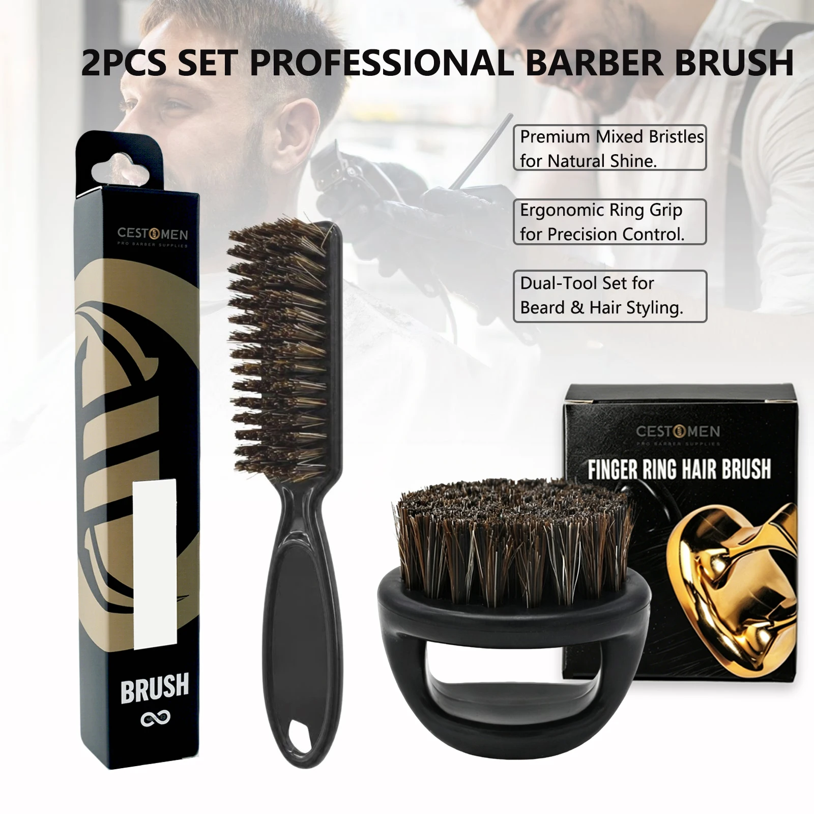 1/2Pcs Bristle Styling Brush Barber Broken Hair Cleaning Vintage Oil Head Carve Brush Ring Beard Brush Salon Home Grooming Tools