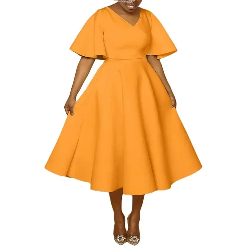 

2024 African Party Clothing Ladies Elegant Half Sleeve V-neck Evening Midi Dress African Dresses for Women African Clothes