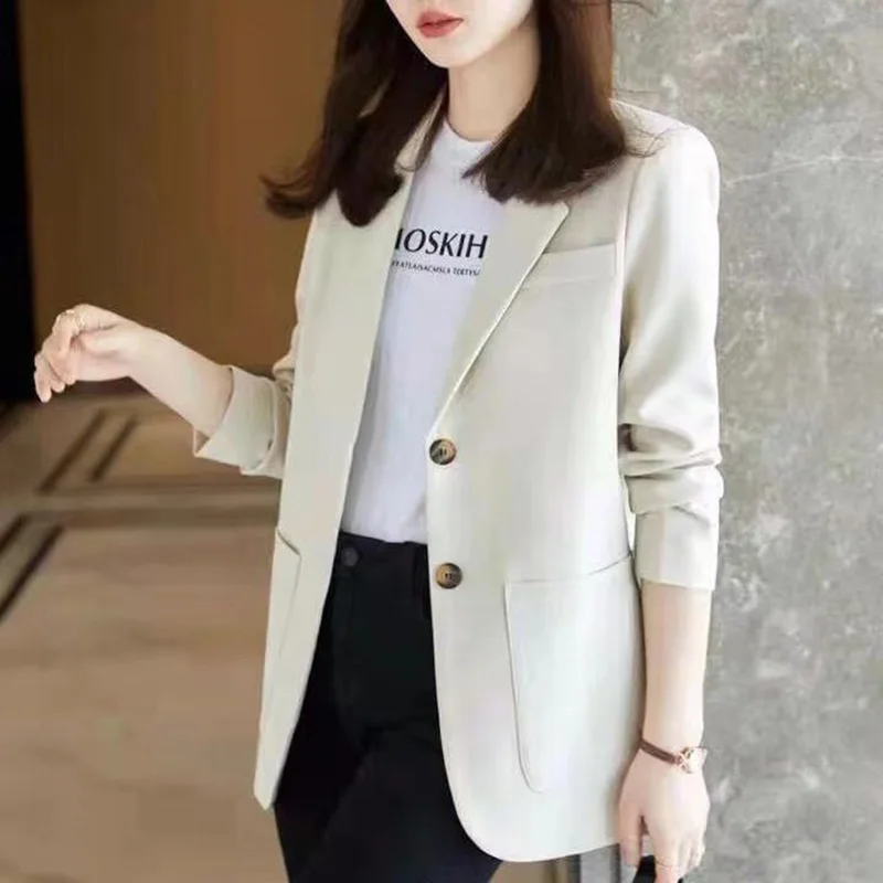 Blazer feminino solto e monocromático com bolsos de botões, roupa casual da moda, tops de deslocamento, blazers com todos os jogos, novo, outono,