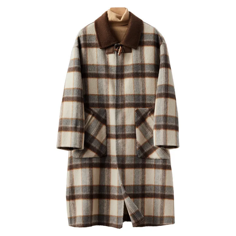 

MUXI-Plaid Wool Jacket for Women, Long Loose and Warm, Raglan Cuffs, Single Breasted, Traf Official Store, Autumn and Winter