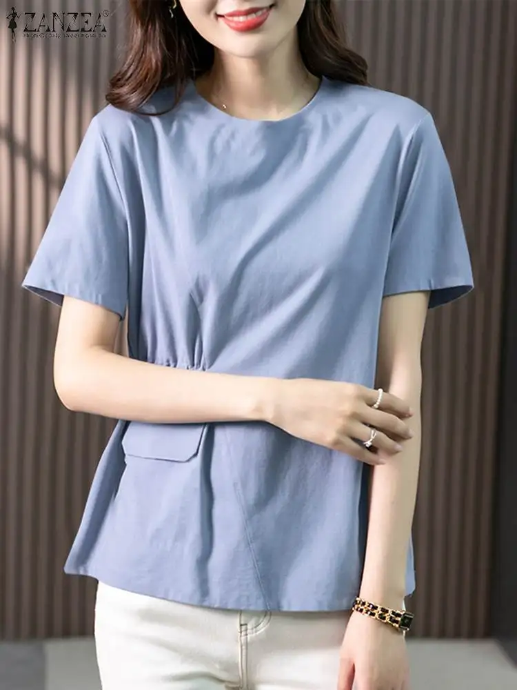 ZANZEA Women Summer Blouse Korean Fashion Short Sleeve Round Neck Tunics Casual Pleats Waisted Tops Casual Simple 2024 Blusas