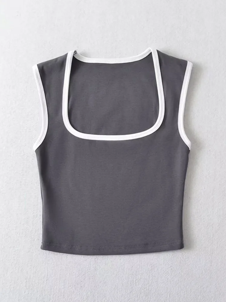 Woman Fashion Slim Solid Contrust Camis Casual Sleeveless Tanks Square Collar Crop Tops Clothing Streetwear Mujer 2024 Y2k image 4