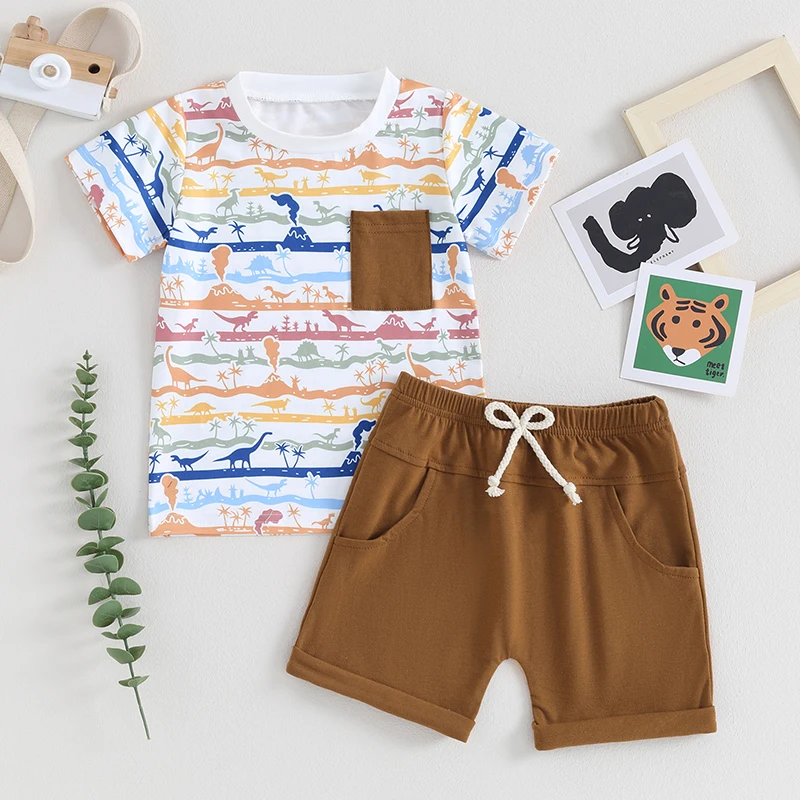 

Toddler Baby Boy Summer Outfits Short Sleeve T-shirt Dinosaur Print Top Solid Color Shorts Set 2pcs Summer Clothes