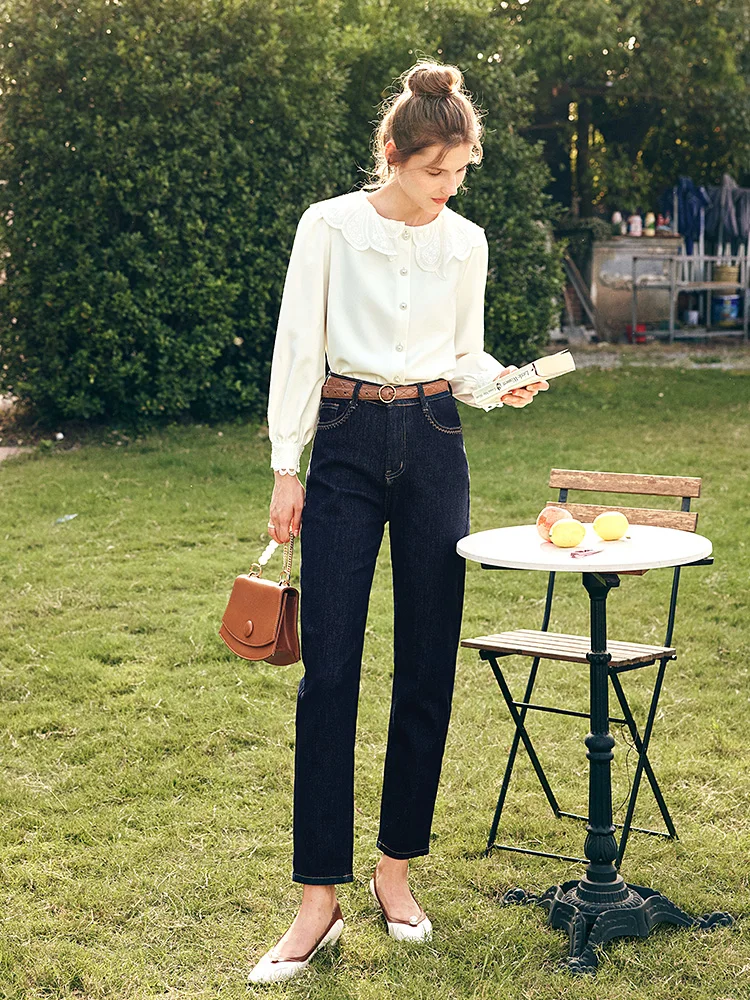 

OLrain Elegant French Shirt Women 2025 Autumn Fall Lace Collar Long Sleeve Blouses Single Breasted Female Clothing O23CX68189