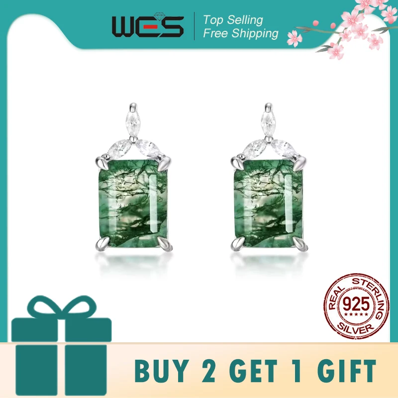 

WES 925 Sterling Silver Geometric Unique Natural Moss Agate Stud Earrings for Woman Leaf Shape Exquisite CZ Jewelry Engagement