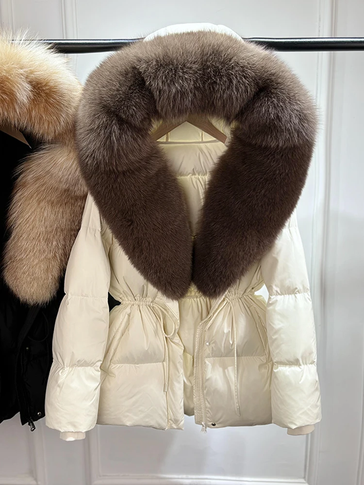 2026 New Winter Real Natural Fox Fur Collar Thick Wam Puffer Jacket Women Hooded Belt Slim White Duck Down Coat Waterproof Parka