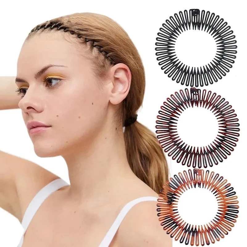 2pcs Classics Full Circular Stretch Hair Comb Headbands Women Girls Sports Flexible Plastic Circle Teeth Hairband with Diamond