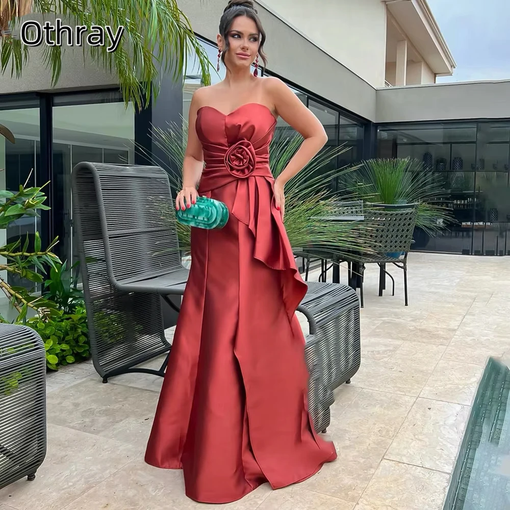 Otray-Vestidos de Noche elegantes de sirena con flores, vestido de graduación de escote Corazón, longitud hasta el suelo, satén, Espalda descubierta, plisado, vestidos de fiesta de celebridades