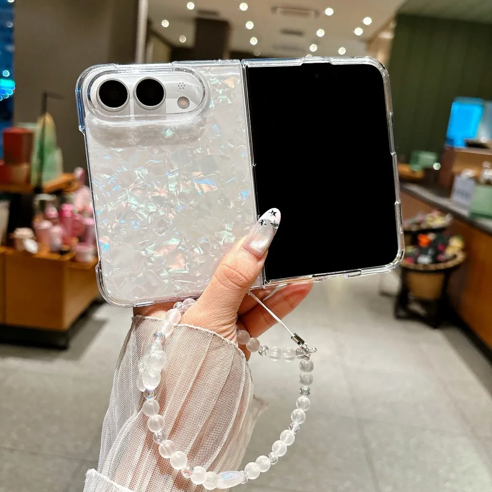 Iridescent Shell‑Pattern Hard Phone Case for IPhone Duo  Fold Flower Beaded Wrist Strap Large Camera Cut‑out Protective Cover