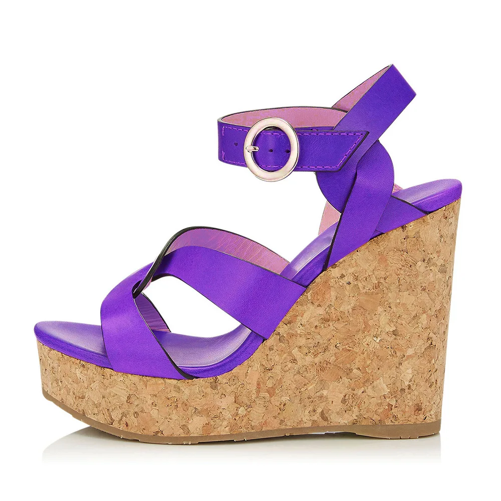 

Candy Colors Round Toe Platform Summer Women Sandals Wood Grain Wedges High Heels Buckle Strap Design Large Size Shoes