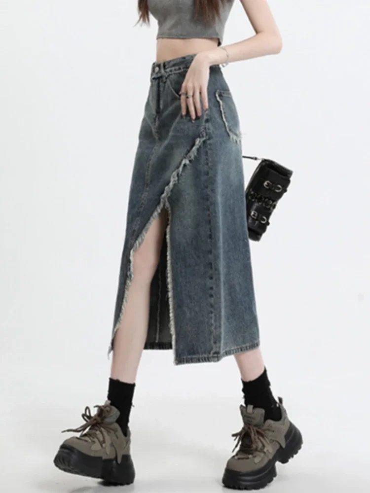 Denim midi saias femininas verão estilo coreano fenda-design vintage fino cintura alta macio streetwear na moda all-match sólido faldas