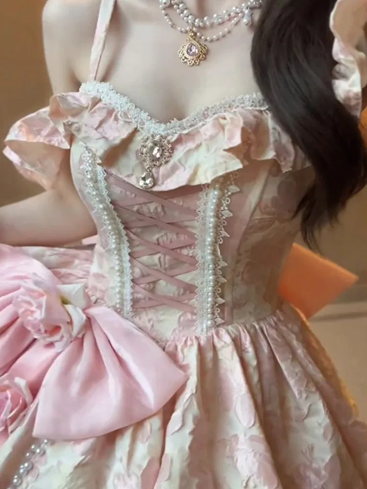 Pink Lolita Wedding Floor-Length Gorgeous Adult Formal Dress Puffy Trailing