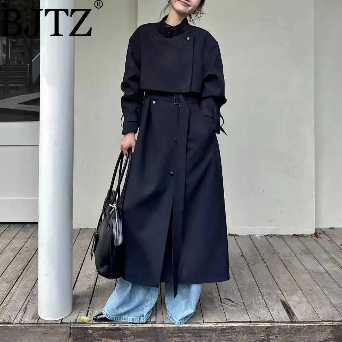 KWTX 2025 秋冬新作 ベルト付きスタンドカラー無地ロングトレンチコート ポケット付き カジュアルでおしゃれで快適なハイタイプ