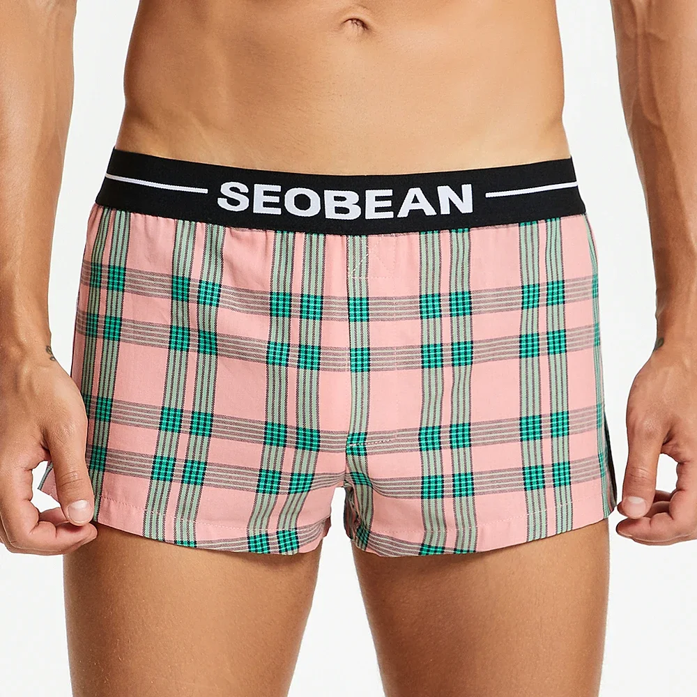 SEOBEAN MENS SEXY COTTON PLAID SHORTS HOME COMFORT CHECKERED FIT TRUNKS