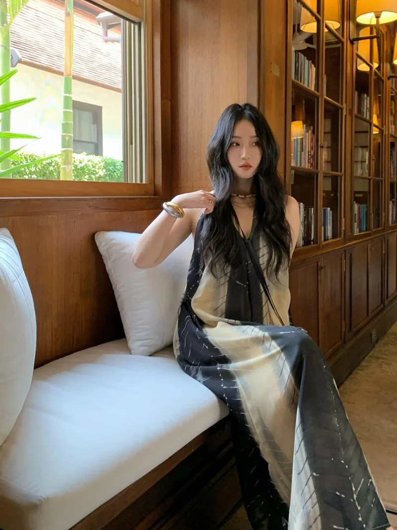 Contrasted Color Printed Halter Maxi Dress for Women Summer Sleeveless V-neck Retro Straight Casual Tank Dresses Female Clothes