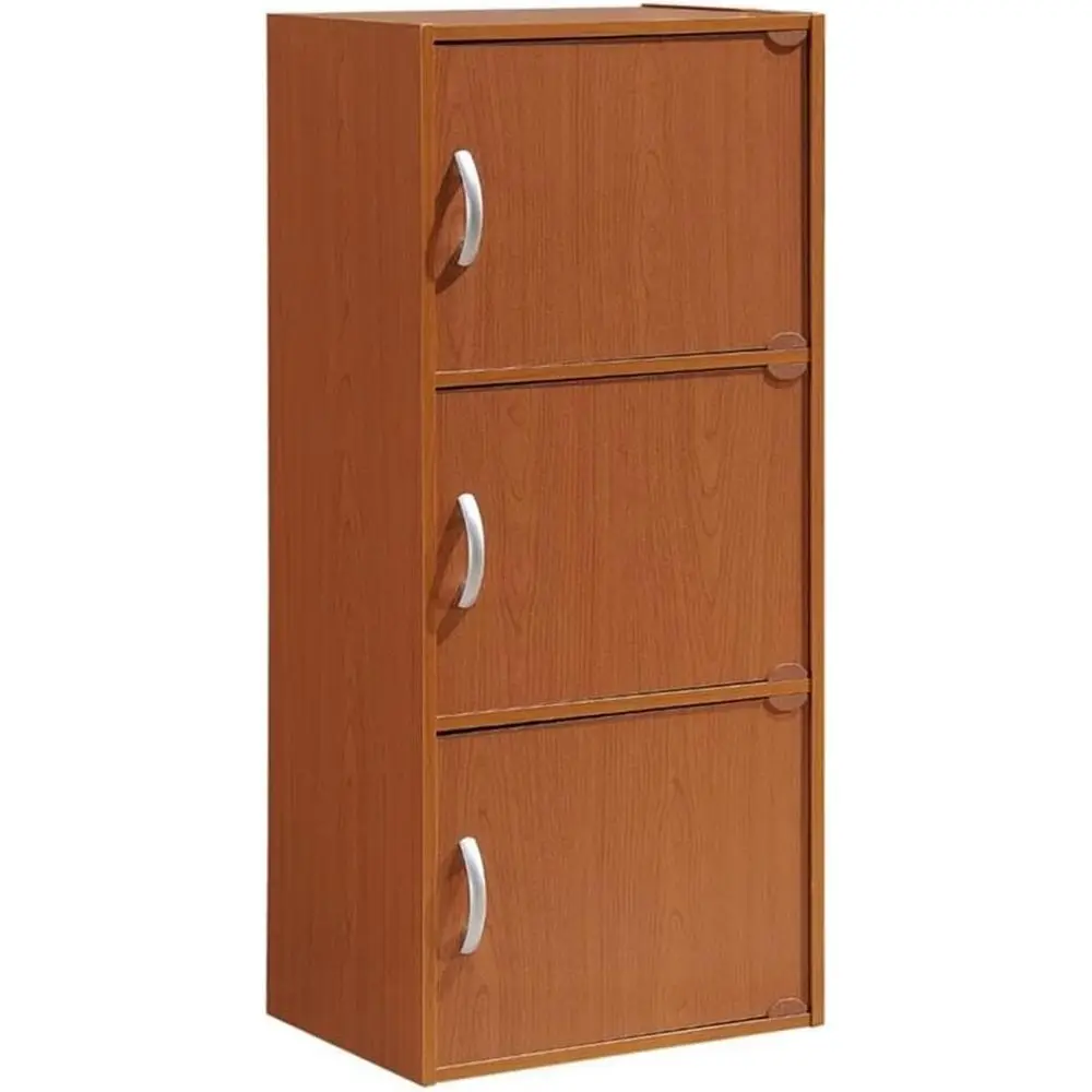 

3-Door Cherry Wood Bookcase, 35.6 H x 15.91 W x 11.75 D, Slim Design for Storage in Office, Bedroom, Living Room, Kids Room