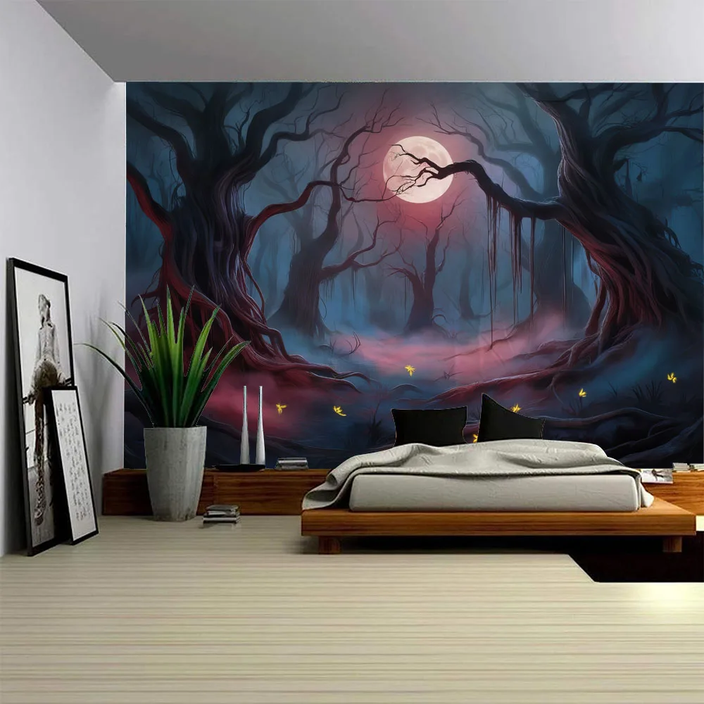 Ghostly Mysterious Forest Tapestry - Capturing the Soul of Fear on Full Moon Night, Halloween Decorative Scene Background Cloth