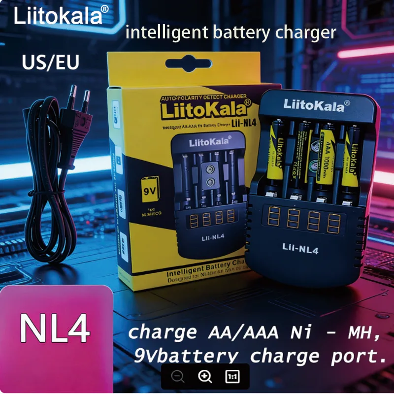 LiitoKala Lii-NL4 1.2V AA AAA 9V Battery Charger Ni-MH Ni-Cd  Rechargeable Batteries Wall Desk Charging Chargers for Travel