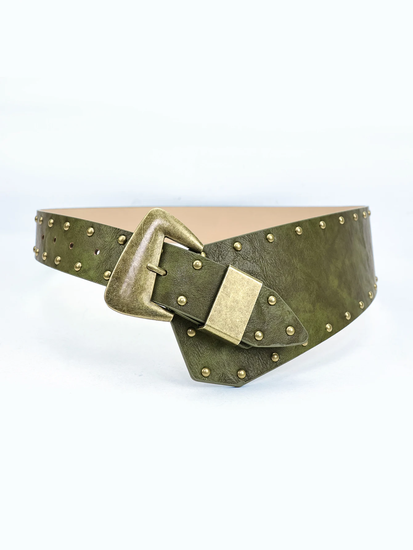 1Pc Boho Western Style Olive Green Women's Pu Waist Belt, Vintage Irregular Bronze Buckle Belt, Studded Belt, Belts Y2K, Western Belt for Women, Chunky Belt, Rodeo, Paired with Dresses, Casual Wear, Western Accessory Belt, Suitable for Parties, Casual Outings, Vacations, Dates, Shopping, Festivals
