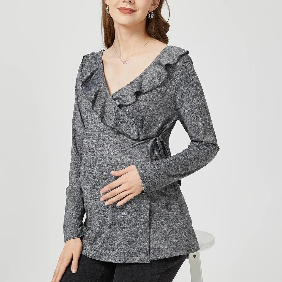 Maternity Long Sleeve Gray Soft Lotus leaf collar T-shirts Pregnant Casual Blouse Nursing Tops Breastfeeding Spring/Autumn