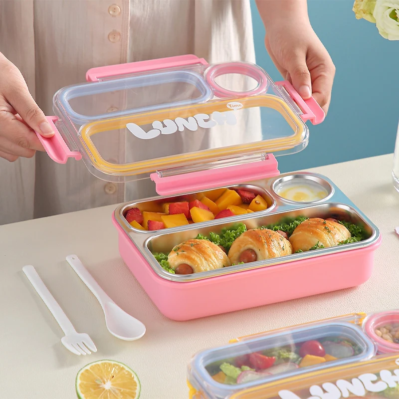 Food Grade Stainless Steel Lunch Box with Fork and Spoon Leakproof Sealed Bento Box Portable Separated Food Container for KIds