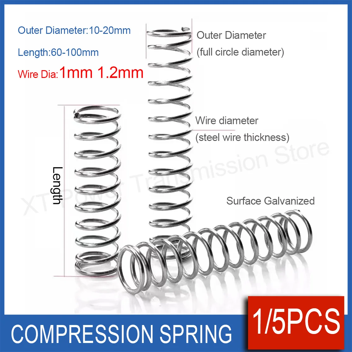 5-10Pcs Metal Steel Galvanized Y-shaped Compression Spring Return Spring Steel Wire Diameter 1mm 1.2mm Length 60/70/80/90/100mm
