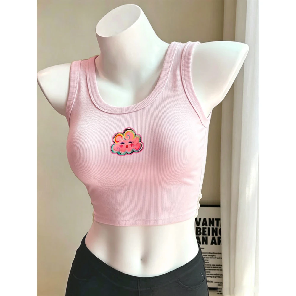 Women Y2K Cute Smiley Cloud Cartoon Print Camisole Ribbed Tank Top Slim Fit Crop Top Sleeveless Crew Neck Cropped Cami Vest Tees