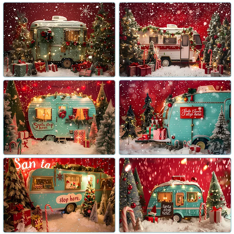 Fond de photographie de Noël, rétro, camion, arbre de Noël, forêt, neige, canne en bonbon, nouvel an, accessoires de fête de Noël