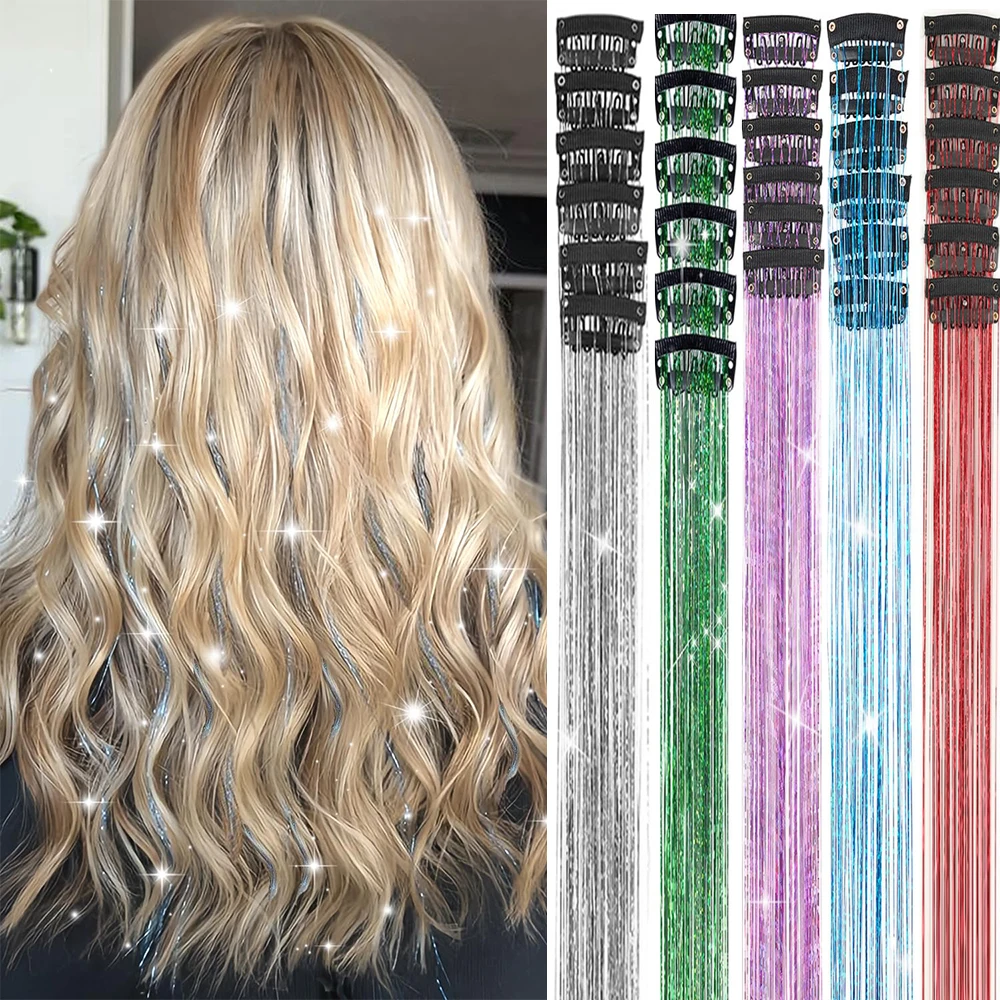 

12Pcs Sparkling Hair Tinsel Extensions Clips, 24" Glitter Strands, Synthetic Shiny Fairy Hair Accessories for Women