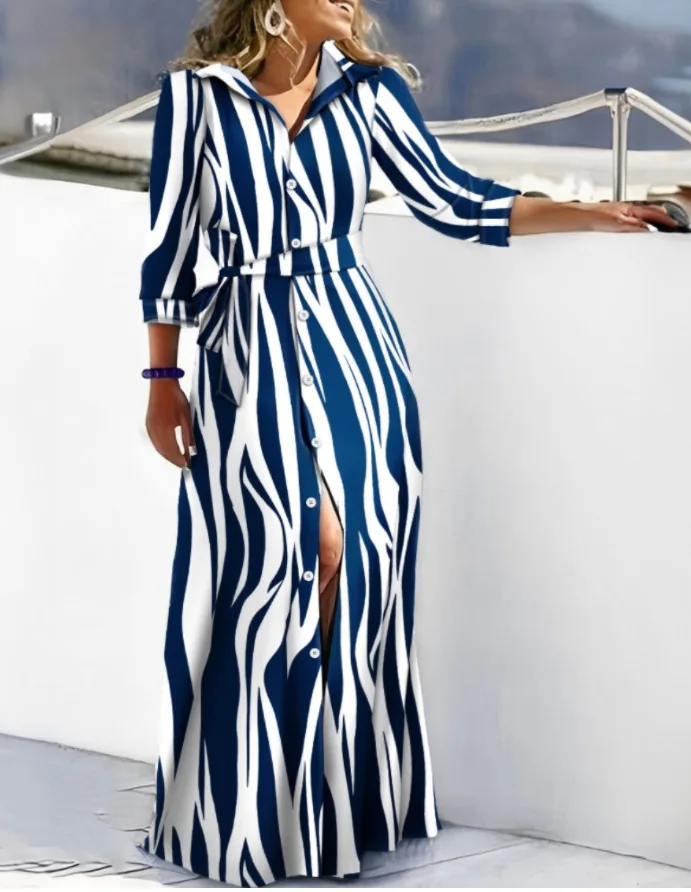 Elegant Printed Shirt Style Maxi Dress Ladies 3/4 Sleeve Button Front Self‑Tie Waist Split Hem Dress