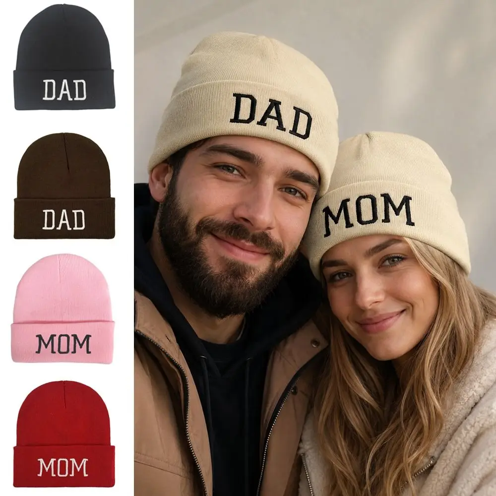 Classic Parent Matching MOM DAD Beanie Hat Stretchable Cuffed Style Knit Beanie Hat Soft Cold Weather Headwear Couple Gift