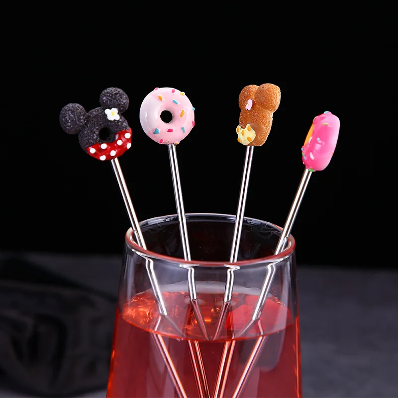 Creative 304 Stainless Steel Stir Stick Cartoon Donut Stirrer Cold Drink Long Handle Cocktail Stick Bar Tools