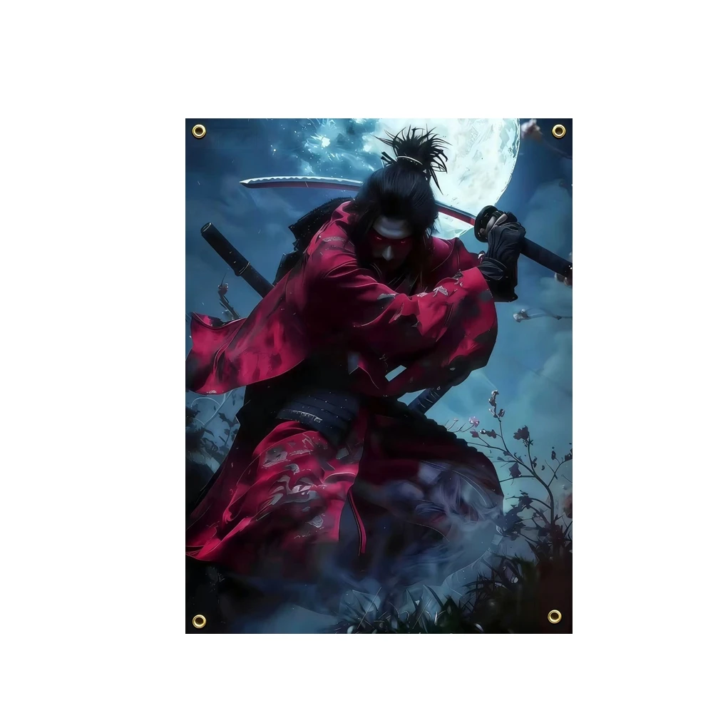 

Japanese Samurai Warrior Red Kimono Katana Moon Night Art Banner 2x3ft 3x5ft Polyester Durable Grommets Wall Decor for Man Cave